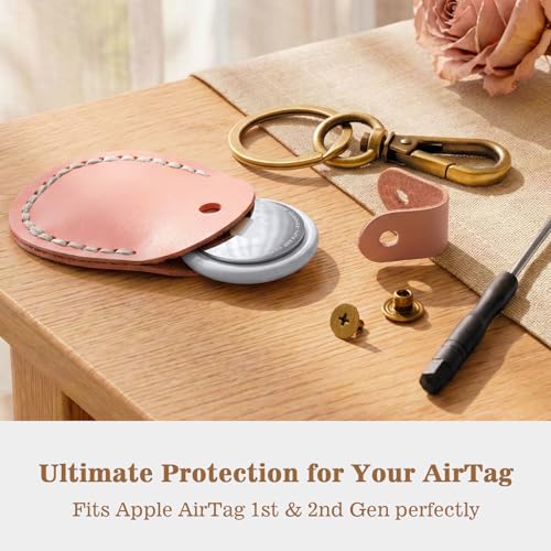Genuine Leather Airtag Holder Compatible with Apple AirTag Keychain 2nd & 1st Gen (Pink)