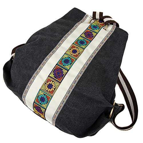 Women Canvas Backpack Daypack Casual Shoulder Bag (Grey Black 2)