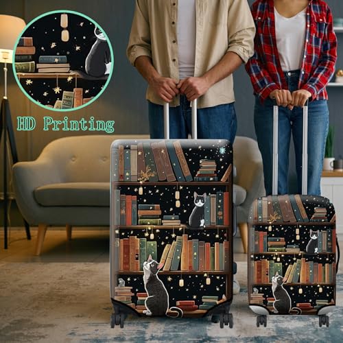 Luggage Cover Suitcase Protector Plus 1 Luggage Tag (Cat Library / L)