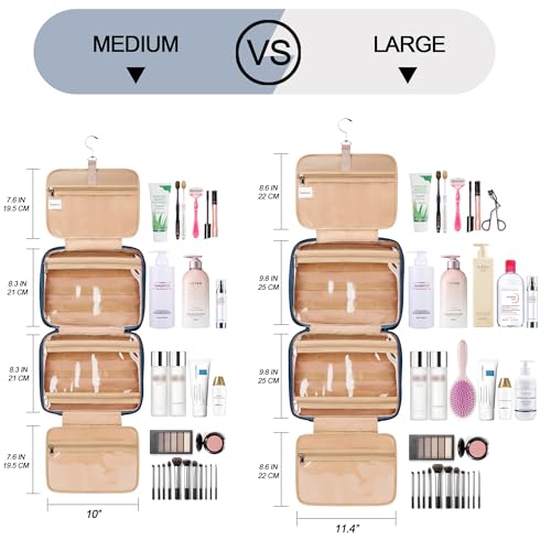 Travel Hanging Toiletry Bag for Women and Men (Navy Blue / Medium*1 + Leak Proofing Bottle Covers*8)