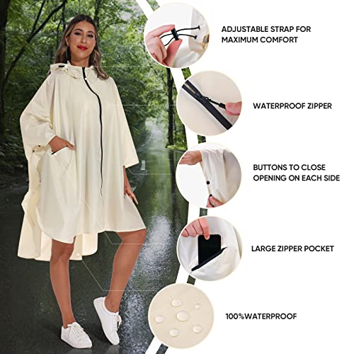 Rain Poncho for Adults with Zipper (One Size / Beige)