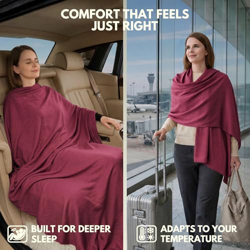 Apear 16-in-1 Compact Travel Blanket with Bag, Soft Bamboo Airplane Blanket (Burgundy/Black)