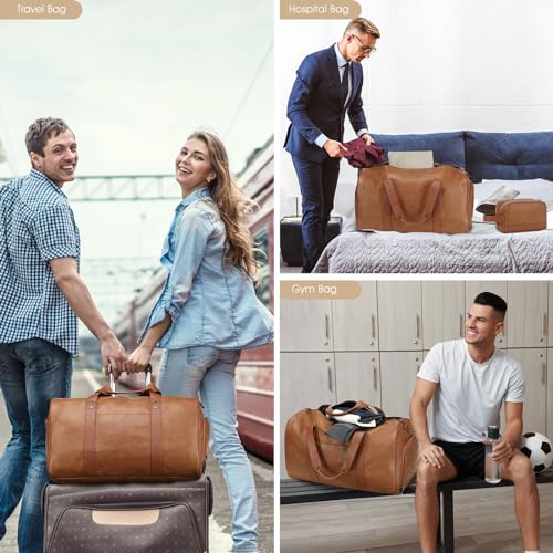 3PCS Faux Leather Weekender Bag for Women Men Travel Bag Overnight Bags (Light Brown)