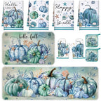 10 Pcs Fall Pumpkin Kitchen Decor Set Kitchen Towels Pot Holders Oven Mitts and Rugs Set Thanksgiving Towels for Baking Cooking BBQ Autumn Home (Navy Blue / Ocean Pumpkin)