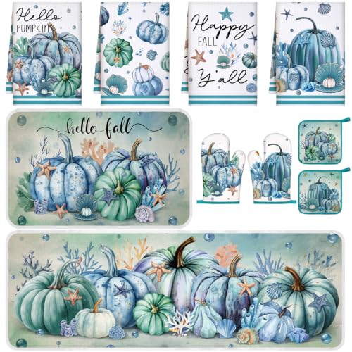 10 Pcs Fall Pumpkin Kitchen Decor Set Kitchen Towels Pot Holders Oven Mitts and Rugs Set Thanksgiving Towels for Baking Cooking BBQ Autumn Home (Navy Blue / Ocean Pumpkin)