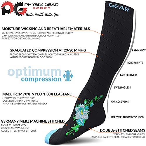Physix Gear Compression Socks (Black/Blue Flower / Small-Medium)