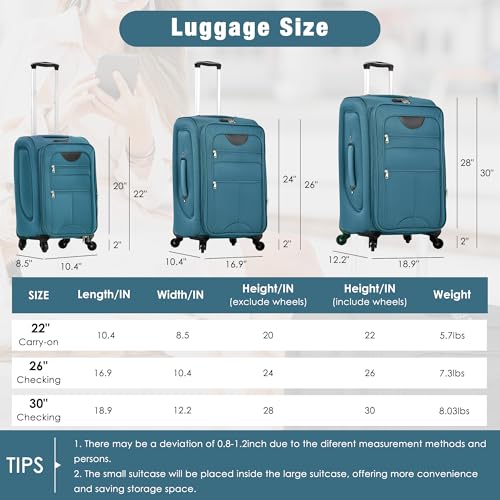 Softside Luggage Set Lightweight 3 Piece Suitcase with Duffel Bag (Softside Luggage(22/26/30) / Blue Green + bags)