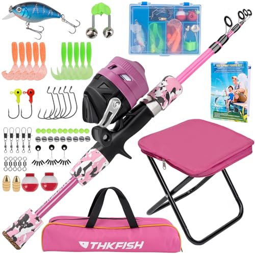Kids Fishing Pole Set (Pink Pole Set with Folding Stool / 4.9 ft)
