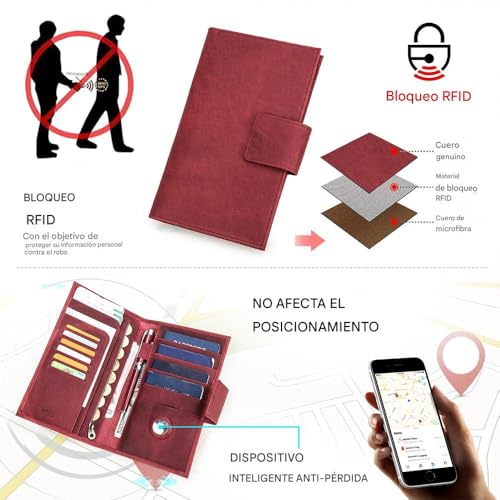 Full Grain Leather RFID Blocking Family Passport Holder for 4 Passport Wallet Compatible with Airtag Travel Passport Cover with 4 Passport Slot (Wine Red)