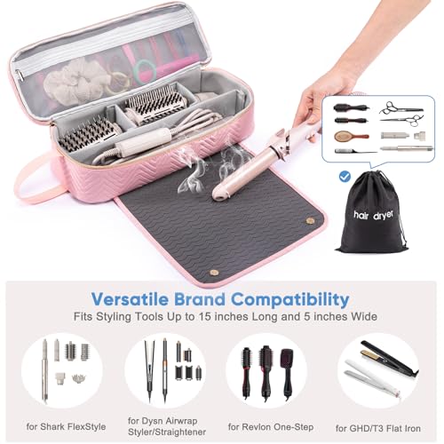 2IN1 Hair Tools Travel Bag with Heat Resistant Mat for Shark Flexstyle (X-large / Pink)