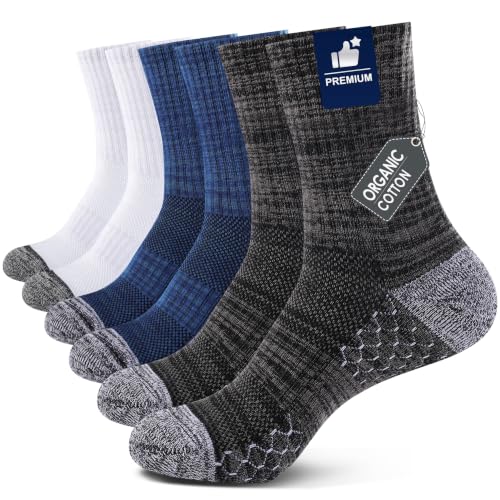 Light Compression Socks for Men Cotton Crew Socks Breathable Moisture Wicking Cushion Running Hiking Socks 3 (Medium / Z-black+denim Blue+white(3 Pairs))
