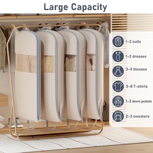 2 Pack 43" Space Saving Garment Bags for Hanging Clothes With Compression Zipper Carry Handles and Window (Beige / 43" 2 Pack)