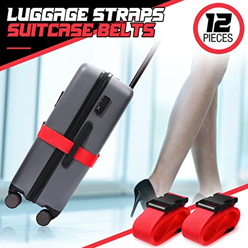12 Pack Luggage Straps Suitcase Belts Wide Adjustable Packing Straps Travel Belts Accessories for Business Packing (Red)