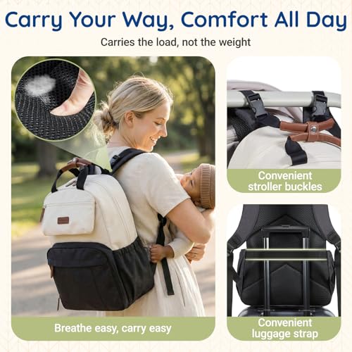 Diaper Bag Backpack Travel Baby Bag with Changing Pad for Mom Dad (1-black-beige / Classic Flap Style)