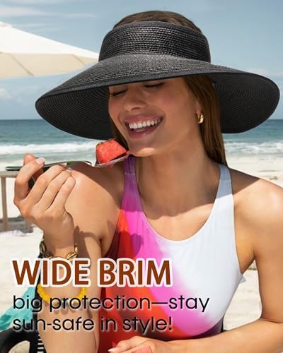 Womens Sun Visor Hats Wide Brim Straw Beach Hat UV Protection Ponytail Packable Beach Vacation Essentials Black (Black / One Size)