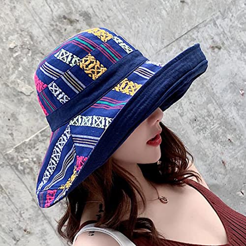 Women Summer Wide Brim Sun Hat Bucket Fishing Hats UV Protection (Medium / Qf001-navy)