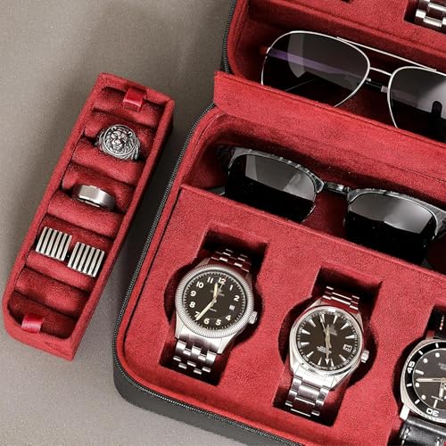8 Watch Travel Case Storage Organizer for 8 Watches (Black/Red)