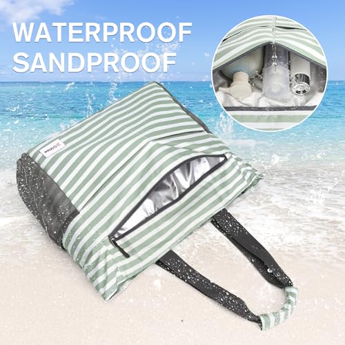 Beach Bag Waterproof Sandproof Large Capacity Foldable for Women (Green Stripe / 35L)