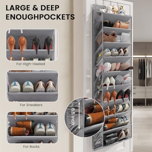 XXL Clear Over the Door Shoe Organizer for Closet Fit 30 Pairs ﻿ (Grey 20-25 Pairs PVC Window / XXL)