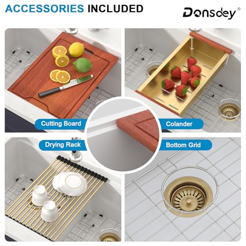 33 Inch Classic White Undermount Granite Composite Kitchen Sink Under Counter Quartz Double Bowl Sink Workstation Sinks with Accessories Quick Drain Noise Reduction Home Renovation Gold Accessories (White-50/50 / Undermount-Gold Accessories)