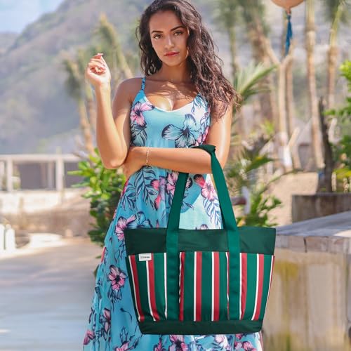 Beach Bag Waterproof Beach Tote Pool Bags for Women (Red Green White Stripes / 35L)