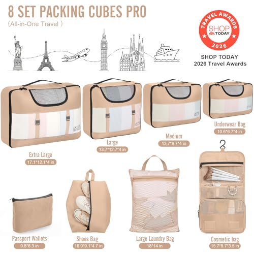 8 Set Packing Cubes for Travel Essentials (16 Gold)