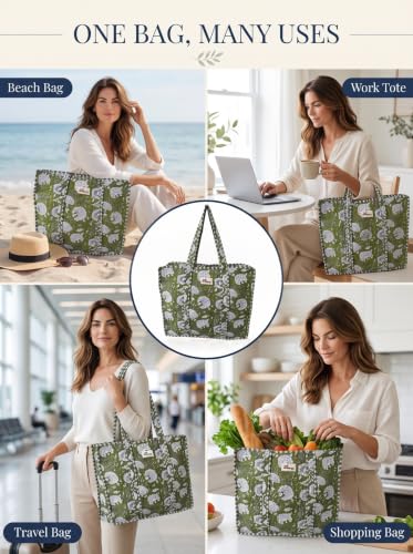 100% Cotton Quilted Tote Bag For Women (Olive Garden)