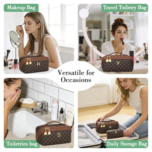 Initial Makeup Bag Personalized Gift for Women Teen Girls (Coffee / C)
