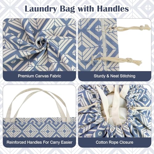 Canvas Laundry Bag with Handles & Drawstring (Geometry Blue,1pc XL / XL 33"W x 35"H┃1 Pack)