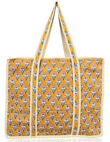 100% Cotton Quilted Tote Bag For Women (Gamboge Cherry Block Print)