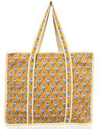 100% Cotton Quilted Tote Bag For Women (Gamboge Cherry Block Print)