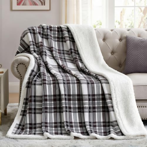 Sherpa Fleece Throw Blanket 60" x 80" Reversible Plush Fluffy Large Big Blanket Lattice Flannel Blankets for Sofa Couch Bed (Grey White Check / 60"*80")