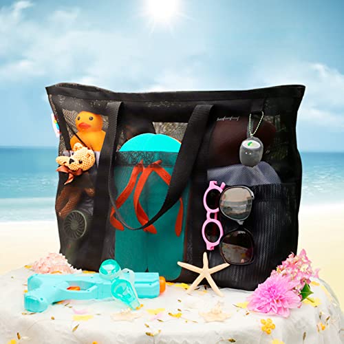 Mesh Beach Bag with Zipper (Black)