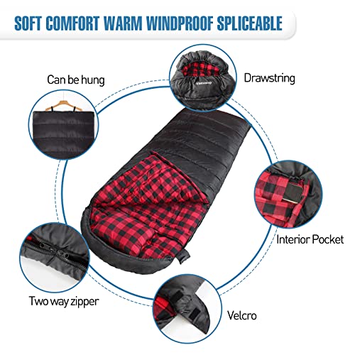0 Degree Sleeping Bag Cotton Flannel Winter Cold Weather for Adults XXL Sleeping Bag 4 Season Big and Tall with Pillow Compression Sack (Black_R)