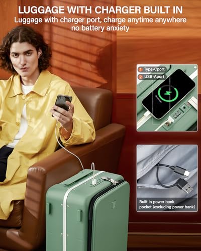 24 Inch Top Opening Checked Luggage with Cup Holder and USB Ports (Forest Green / 24 Inch Pro)