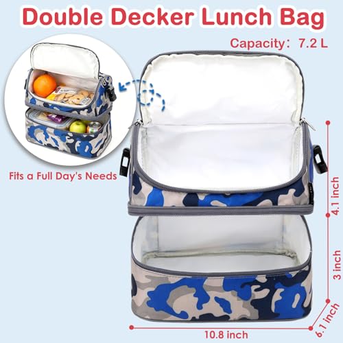 Kids Double Decker Cooler Insulated Lunch Bag Large Tote for Boys (Blue Camo)