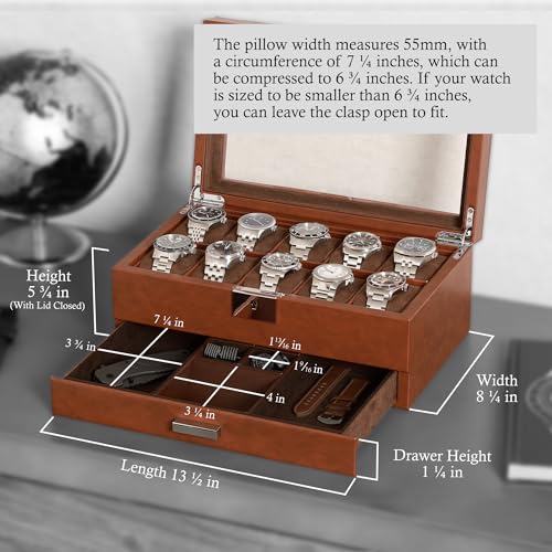 10 Slot Watch Box in Leather with Valet Drawer (Tan/Brown)
