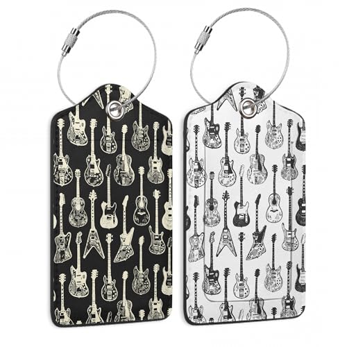 2 Pack Leather Luggage Tag for Suitcase Music Guitar Unique Travel Tags with Privacy Cover ID Label & Stainless Steel Loop for Men and Women Baggage (Music Guitar)