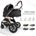 6-in-1 Convertible Baby Stroller with Bassinet Pushchair - Folding Infant Newborn Stroller w/Footmuff, Rain Cover, Cup Holder & Large Storage, Toddler w/All-Scene Large Wheels, Reversible Seat(Black) (Midnight Black)