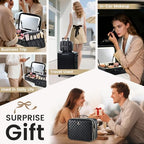 Makeup Bag with LED Lighted Mirror 12.2 IN Cosmetic Train Case Double Layer Makeup Case Adjustable Brightness in 3 Colors Cosmetic Organizer Artist Storage with Brush Holder Vanity Black Checkerboard (12.2 Inch Black Checkerboard / 0-Double Layer)