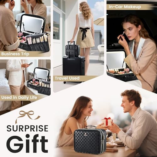 Makeup Bag with LED Lighted Mirror 12.2 IN Cosmetic Train Case Double Layer Makeup Case Adjustable Brightness in 3 Colors Cosmetic Organizer Artist Storage with Brush Holder Vanity Black Checkerboard (12.2 Inch Black Checkerboard / 0-Double Layer)