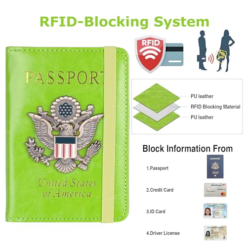 Premium Passport Holder for Travel RFID Blocking Passport Cover Slim (Green / Classic Metal Stamp)
