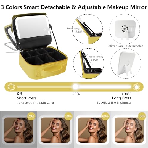 Travel Makeup Bag Cosmetic Bag Makeup Organizer Bag with Lighted Mirror (Yellow / Woven)