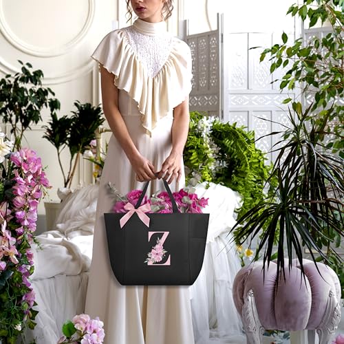 Tote Bag, A-Z Initial Monogrammed Waterproof Tote Bag, Bridesmaid Gifts for Women, Black and Pink (Z, Black) (Black)