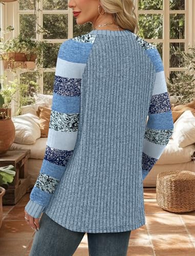 Womens Tops Winter Clothing Fall Tunics for Women Long Sleeve Sweaters for Women Fall Clothes Comfiest Airport Outfits Business Casual Travel Cozy Fall Fashion Plus Size Maternity (Medium / 08-sky Blue Stripes)