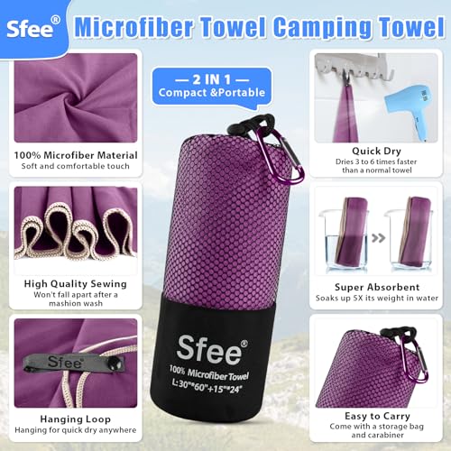 2 Pack Microfiber Travel Towel (M 48"x21"+24"x15" / Purple)
