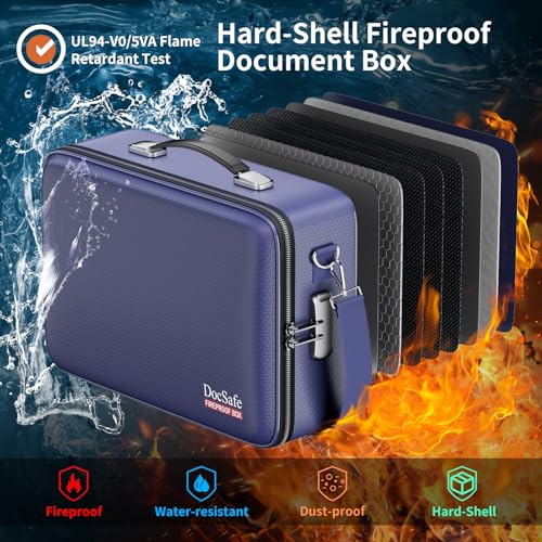 Fireproof Document Box Hard Case with Lock ＆ Accordion File Folder (15.2" x 11.2" x 5.3"(colorful) / Blue)
