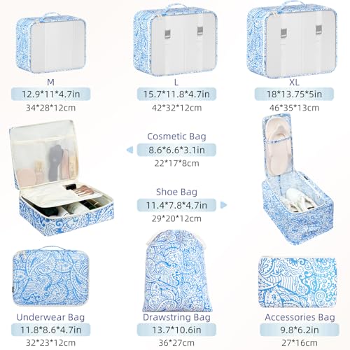 8 Set Packing Cubes Luggage Packing Organizers for Travel Accessories (Blue paisley / 8 Set)
