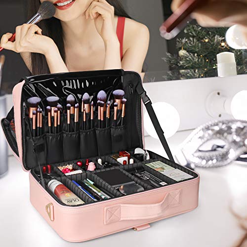 Makeup Case Large Makeup Bag Professional Train Case 16.5 inches Travel Cosmetic Organizer Brush Holder Waterproof Makeup Artist Storage Box (Large / Pink)