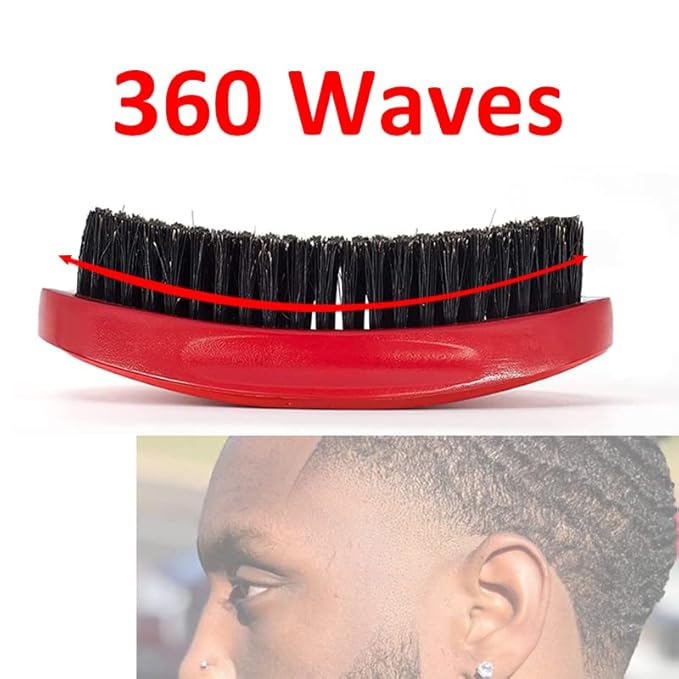 360 Curved Wave Brush - Medium Hard Palm Brush with Beech Wood and Boar Bristles for Men's Hair Styling and Beard Grooming (Red)